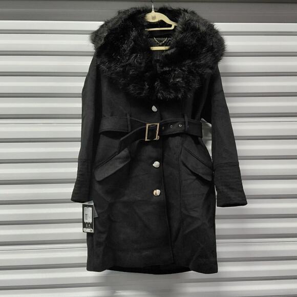 $380 NWT Marciano Loreta Women’s Wool Blend Belted Coat Size 8 Black Fur Collar - Picture 5 of 16